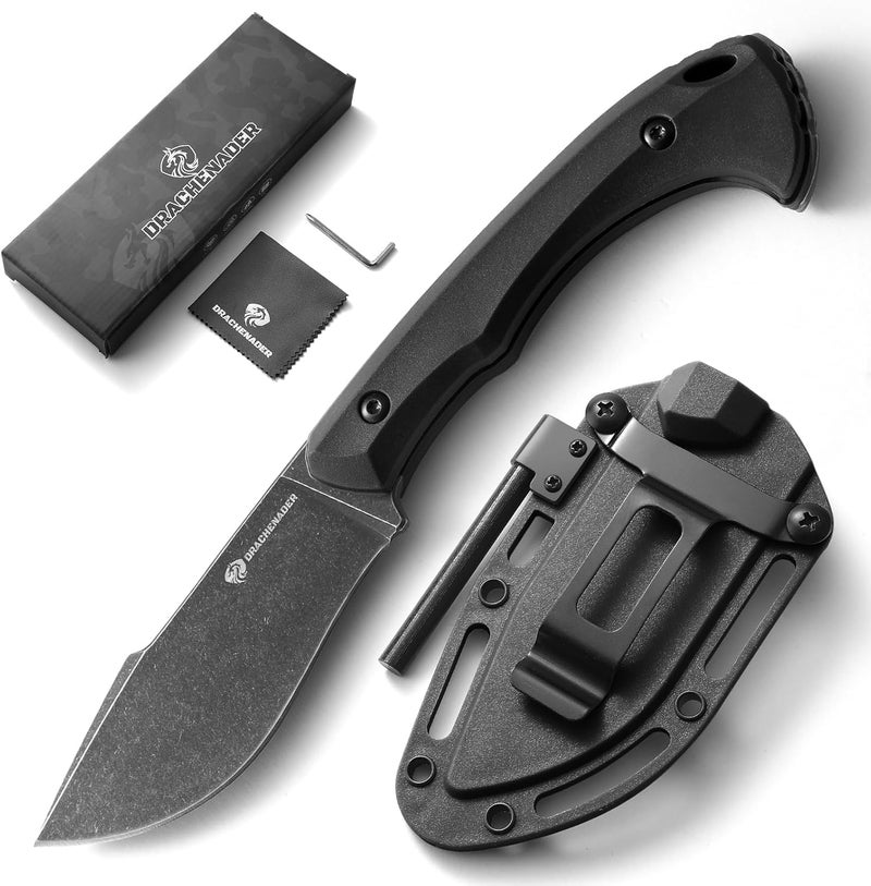 DRACHENADER Survival Knife with Fire Starter L-Y, 7.68" Tactical Small Fixed Blade EDC Knife for Men, Full Tang, Stonewashed Black Blade & Black Handle - Image 1
